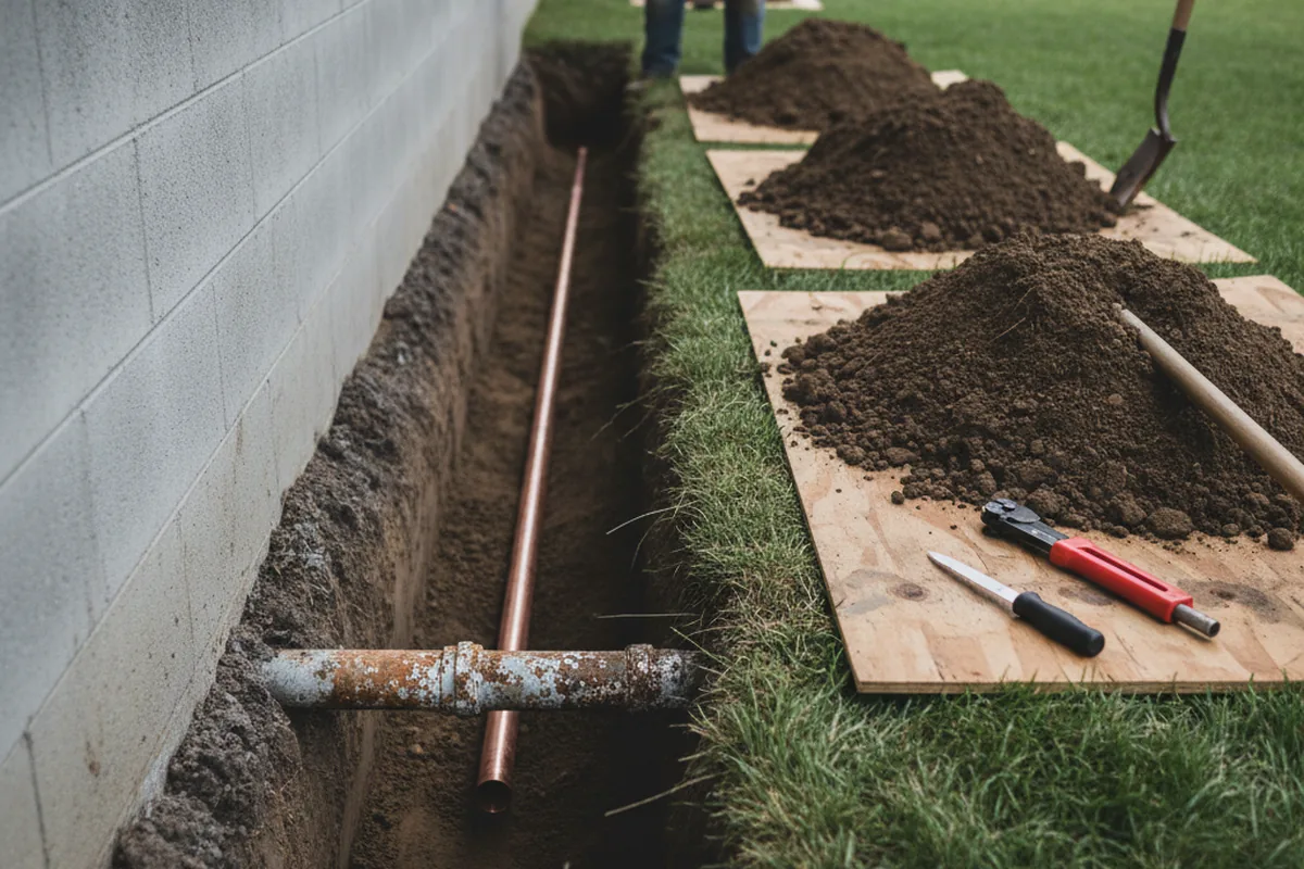 Excavated water line trench during Sewer Line Repair in Priddy